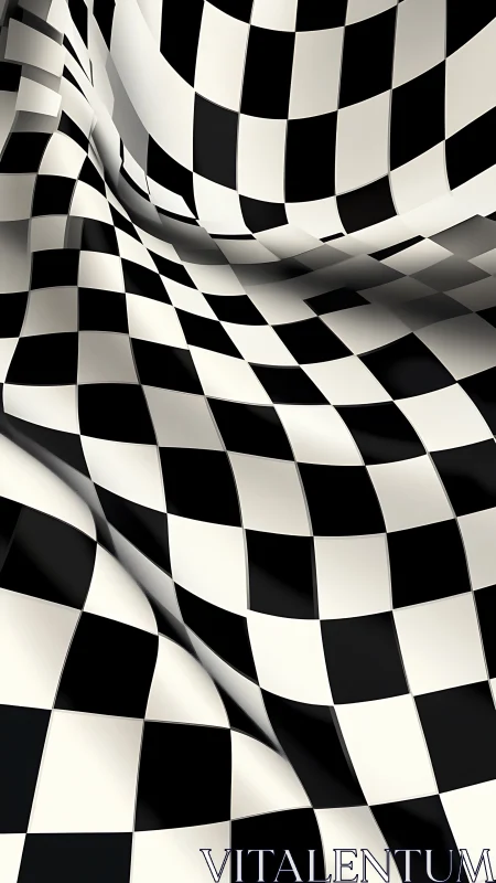 Undulating black and white checkerboard surface creates dynamic depth