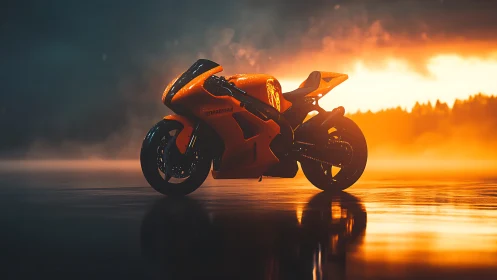 Futuristic orange superbike waits on misty sunset runway