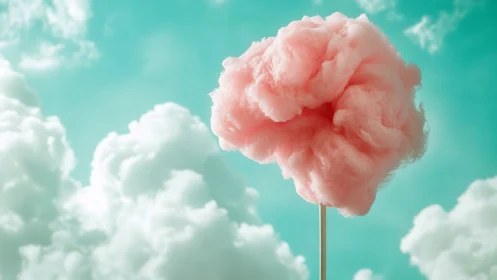 Pastel cotton candy on stick framed against soft cumulus clouds