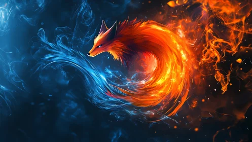Fiery spirit fox curls through swirling blue flame magic