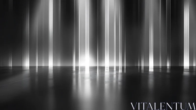 Vertical light columns form aligned beams over reflective floor