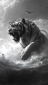 Monochrome tiger charge through storm waves and sky flock.