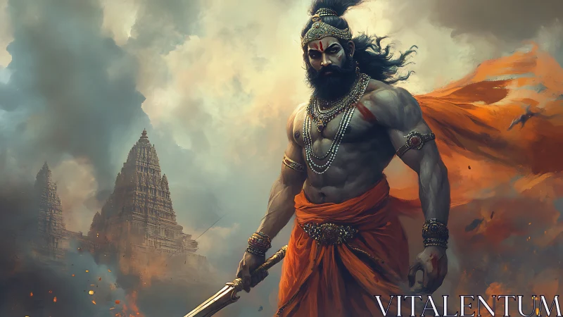 Warrior deity strides before burning temple ruins