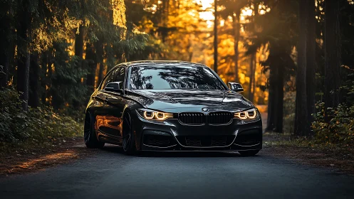 Sport sedan glows against golden forest road backdrop.