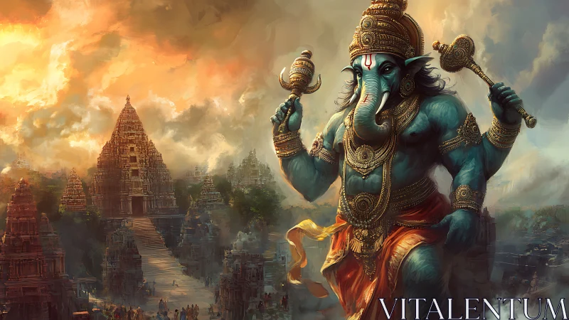 Majestic blue elephant deity watching over glowing temples.
