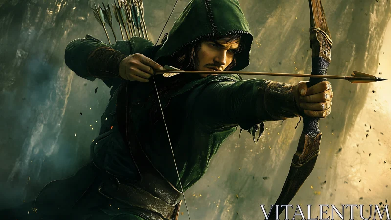 Focused hooded archer draws his bow in a tense forest moment