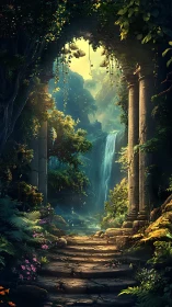 Secret waterfall sanctuary framed by ancient emerald arches.