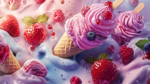 Swirled berry ice cream cones float in dreamy pastel cream.