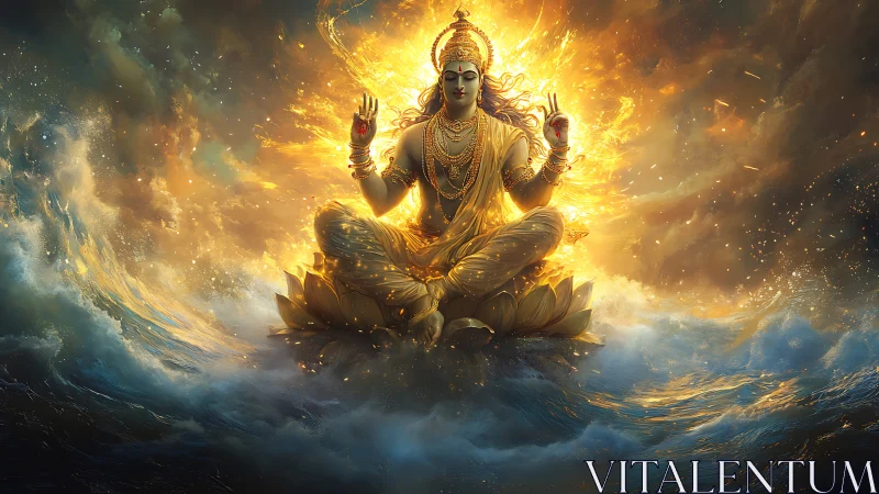 Golden deity seated on lotus above turbulent ocean waters.