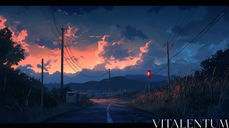 Empty rural road curves toward distant town at vivid sunset