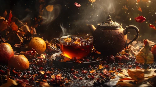 Autumn herbal tea glows beside ornate teapot and oranges.