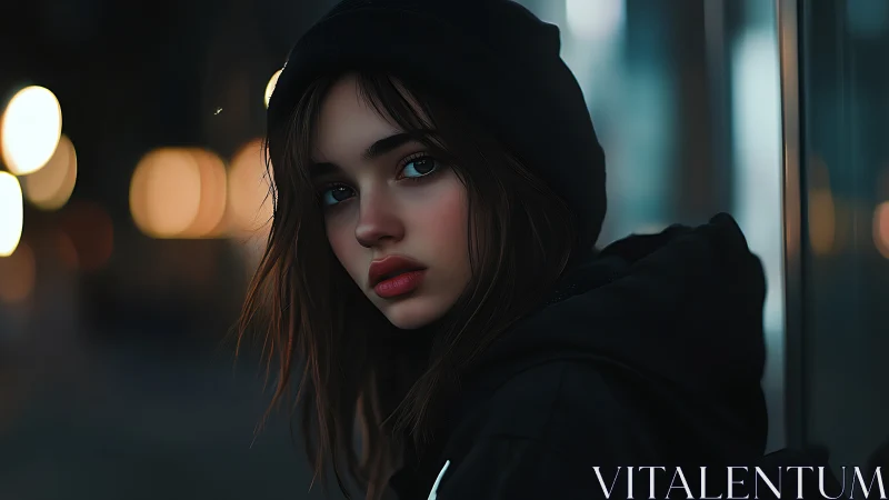 Young woman in dark hoodie leans on glass in city night