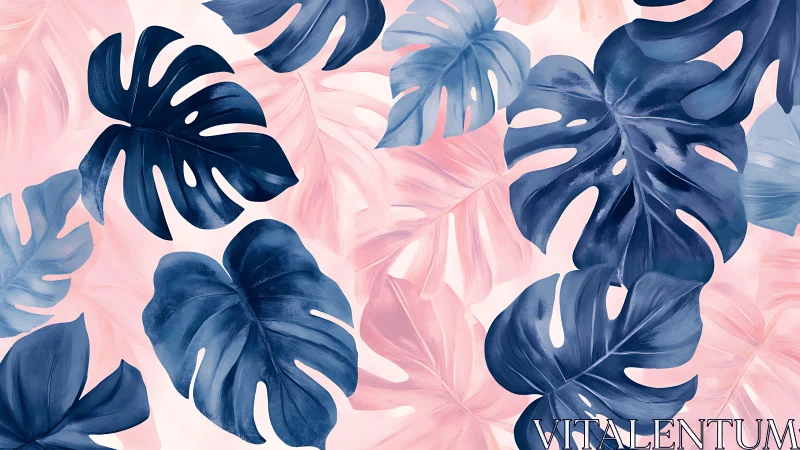 Indigo monstera foliage layered over soft blush botanicals.
