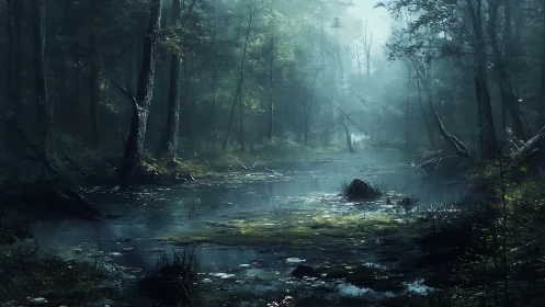 Misty Swamp Stream Through Ancient Forest
