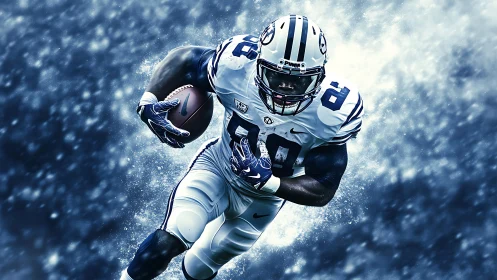Powerful football runner surges ahead through icy blue storm
