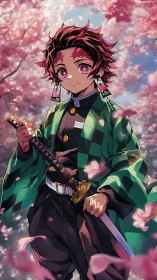 Sword-wielding anime boy under pink cherry blossoms.