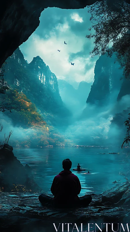 Solitary meditative figure overlooks misted karst lake panorama