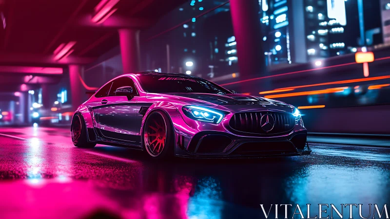 Neon supercar slices through wet cyberpunk city nightscape.