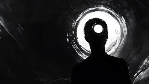 Void-eyed silhouette listens to the echoing tunnel of light