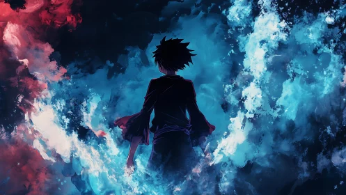 Silhouetted anime figure stands between red and blue energy clouds