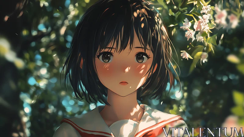 Schoolgirl portrait catches dappled sunlight in garden