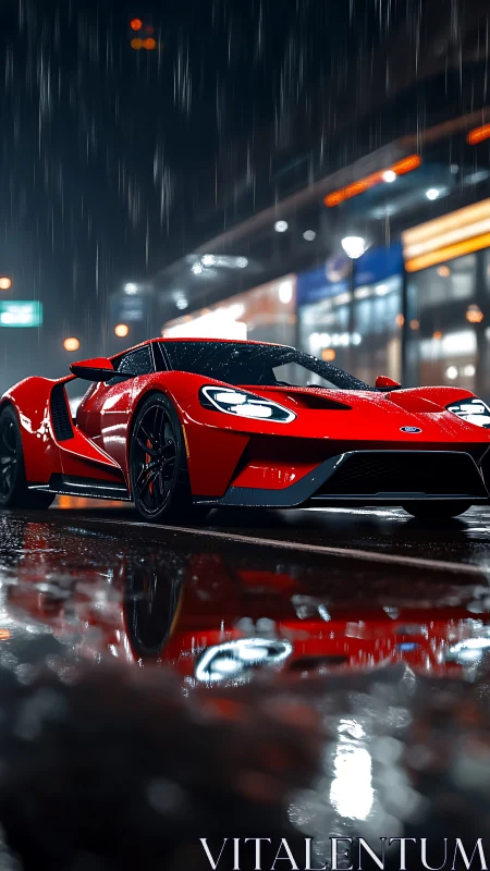 Red mid-engine supercar on wet neon city street at night