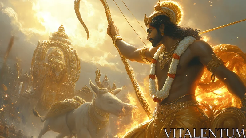 Mythic archer on chariot before ornate golden temple at dawn.