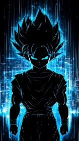 Electric blue anime warrior stands in blazing digital aura