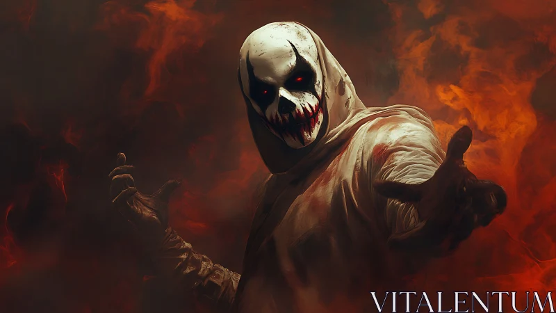 Sinister hooded demon figure reaching through red smoke.