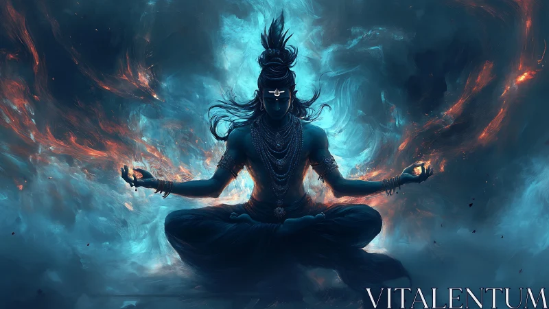 Mythic blue deity in lotus pose amid swirling firestorm