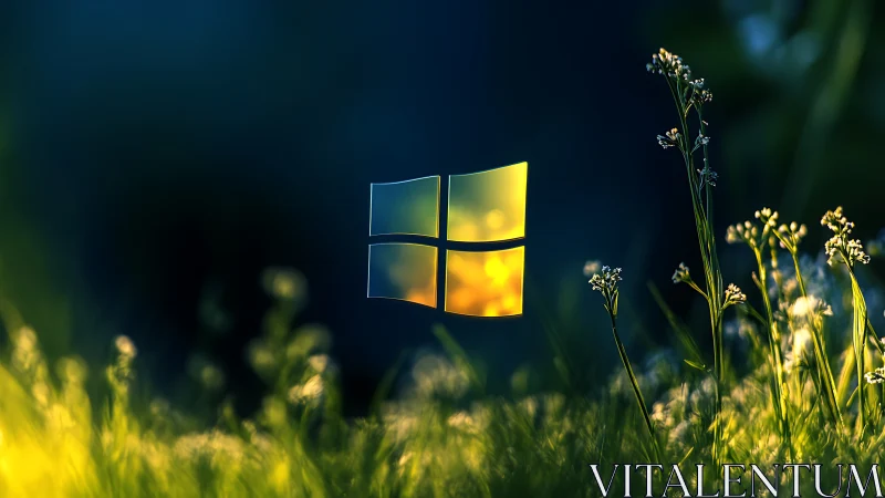 Glowing glass window logo hovering above macro sunlit meadow bokeh