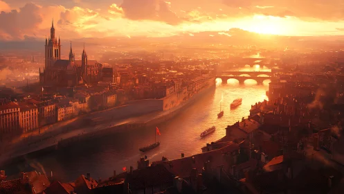 Sunlit gothic river cityscape under cinematic sunset glow.
