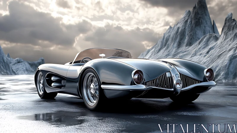 Sleek retro roadster gliding through a frozen dreamscape.