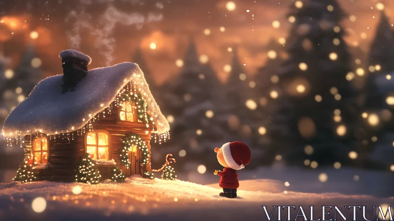 Snowy Christmas cottage glows as child gazes in wonder.