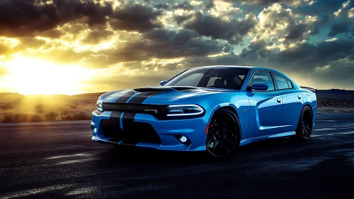 Blue muscle car on open desert highway at dramatic sunset.