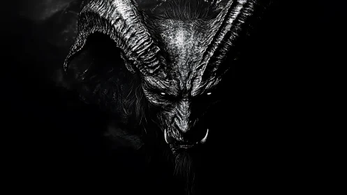 Horned abyssal demon emerges from obsidian darkness.