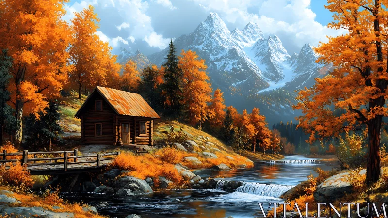 Log cabin by autumn river below snowy mountain peaks.