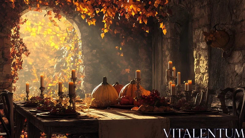 Harvest banquet table stands in warm autumn candlelight