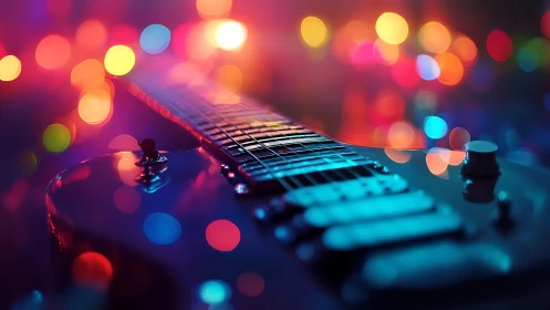 Electric guitar glows beneath dreamy neon bokeh lights.