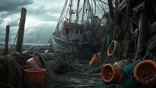 Weathered fishing boat in cluttered harbor alleyway.