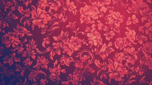 Vintage floral wallpaper bathed in rosy evening glow.
