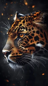 Leopard head rendered in sharp profile with glowing embers