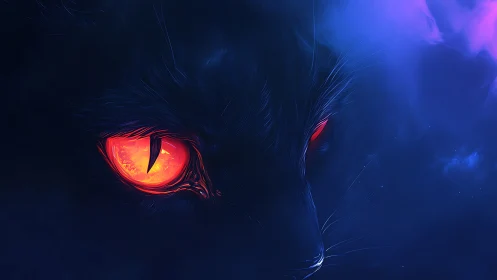 Midnight cat&rsquo;s burning eyes ignite a mysterious neon haze