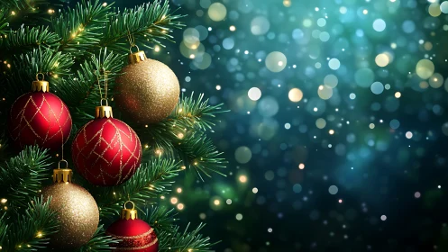 Christmas tree ornaments with festive glitter bokeh background.