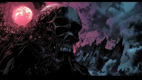 Gothic skull panorama with infernal moon and citadel silhouettes.