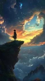 Lone wanderer on cliff under luminous twilight sky.