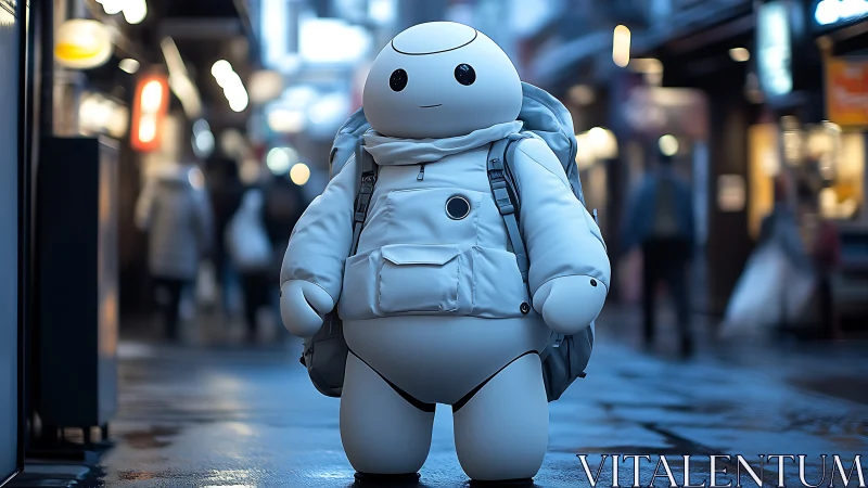 Puffy street explorer bot wanders neon-soft city night.