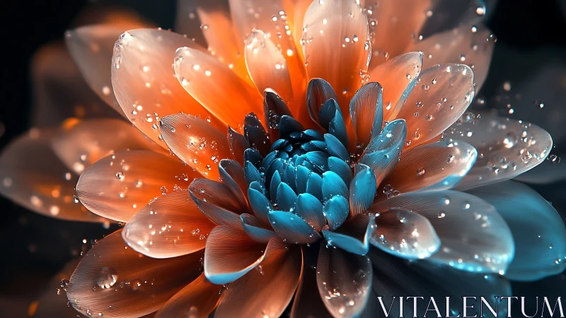 Orange and blue flower with water droplets and dramatic lighting