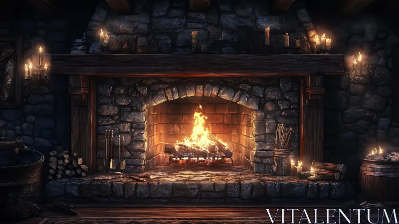 Medieval Hearth Ablaze: Stone Fortress Interior Bathed in Firelight.