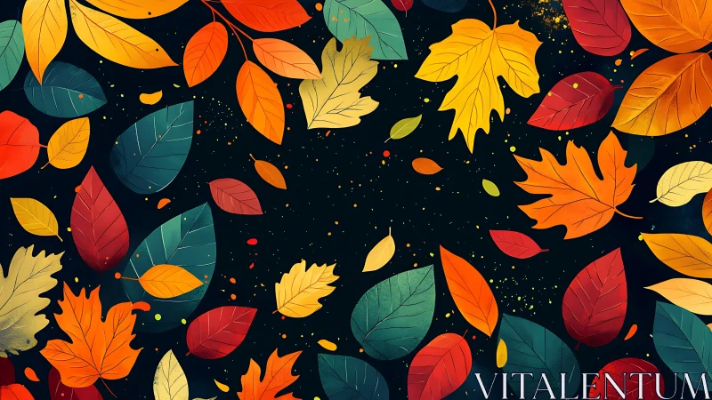Colorful autumn leaves drift over deep black background